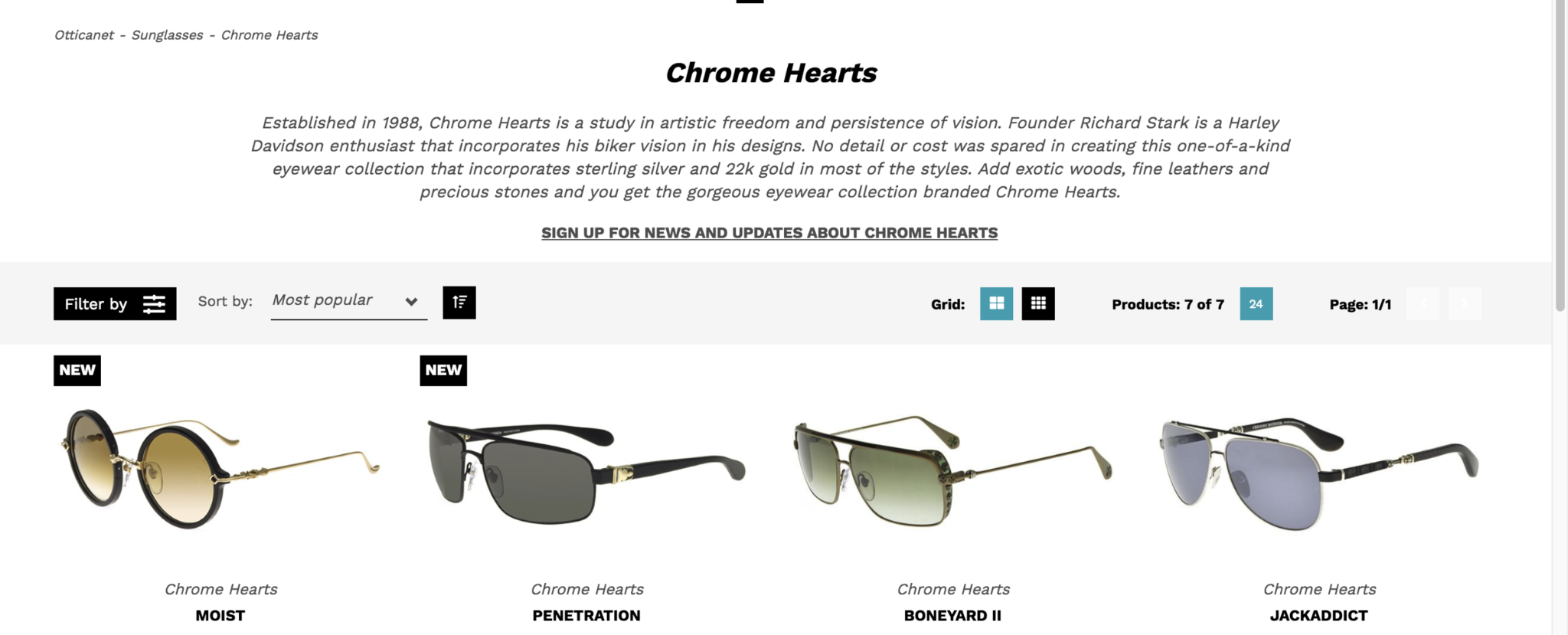 Chrome Hearts eyewear ecommerce imagery